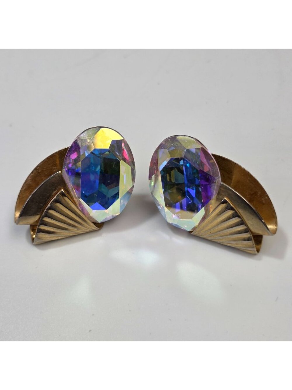 Vintage Gold Tone Clip-On Earrings with Large Aurora Borealis Oval Crystals